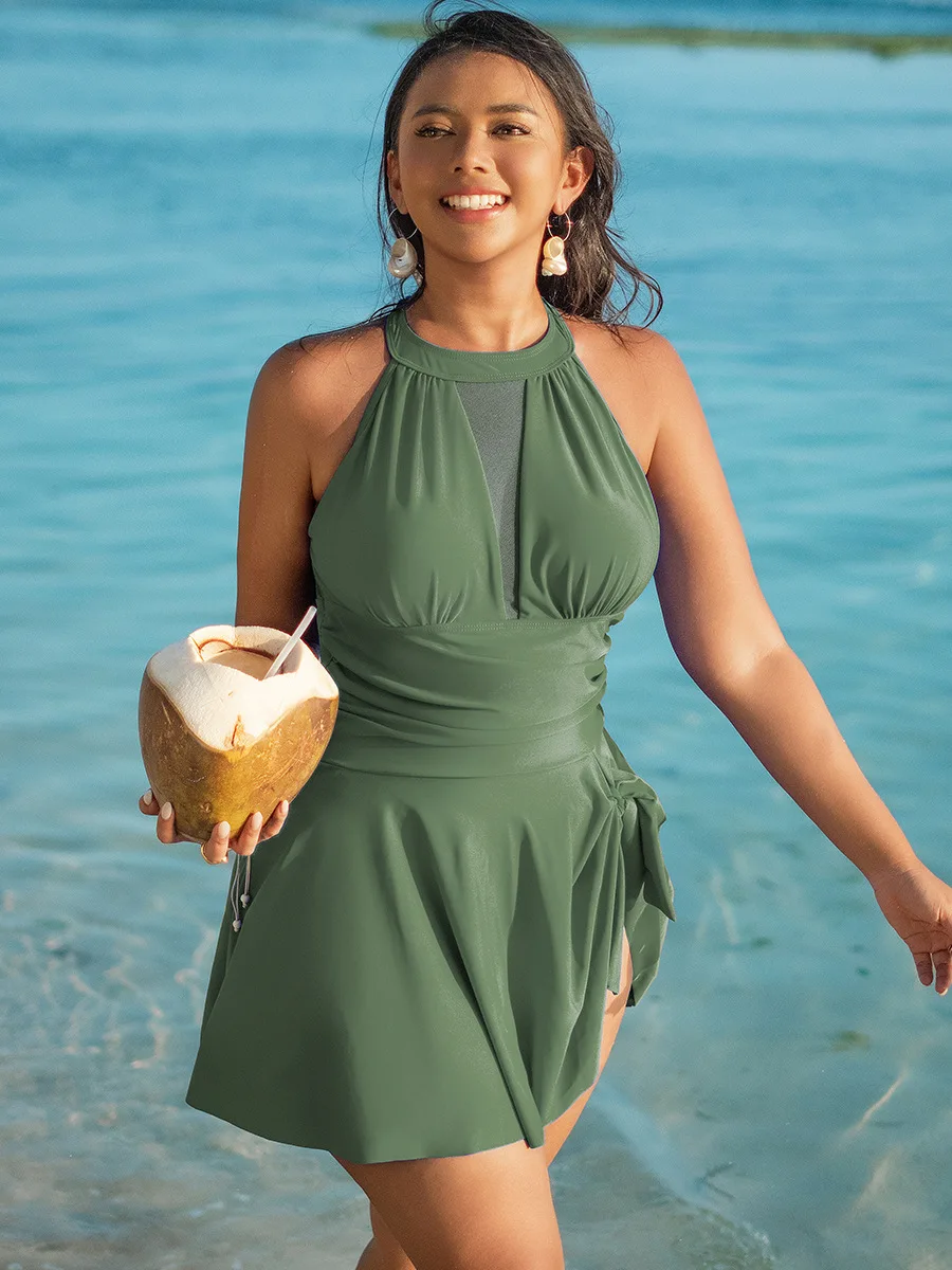 2025 Plus Size Woman Oversize Neck Open Skirt Halter Dress Bikini One Piece Swimsuit Beachwear Breathable eco Fabric Overweight