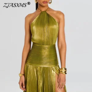 Gold Sexy Halter High Split Gowns Evening Dress Woman Chic Solid Hollow Pleated Long Dress Spring Summer Backless Zip Maxi Dress